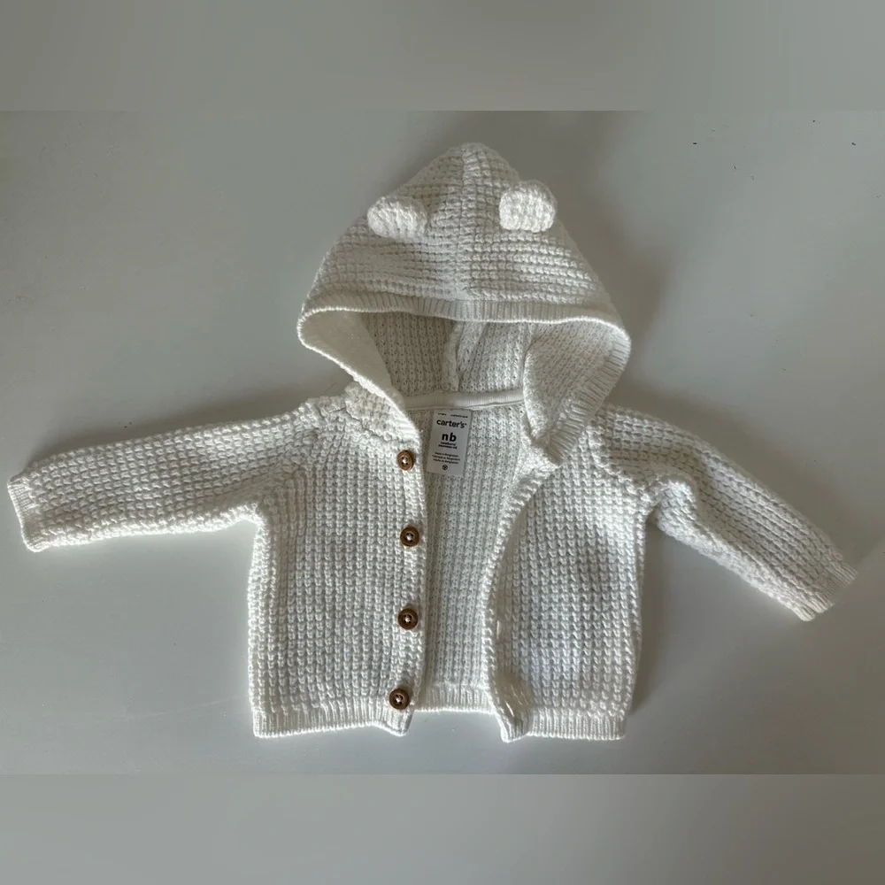 Carter’s Newborn Baby Knit Sweater - Button Down Cardigan in Ivory White w/ Ears